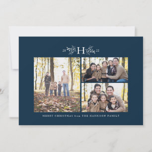 Monogram blauw met drie foto's kerstkaart