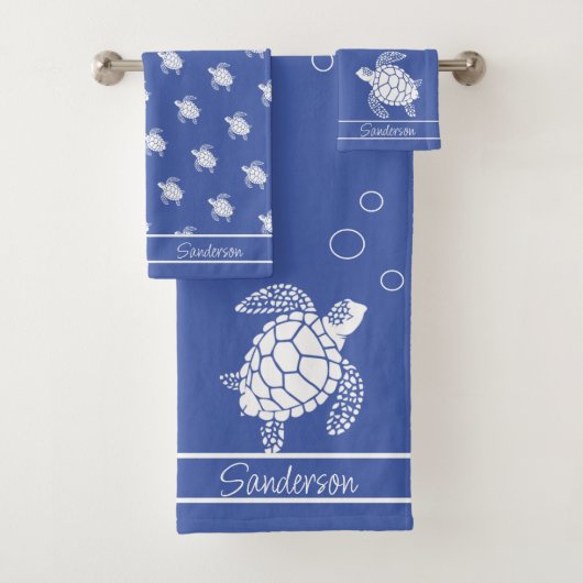 Monogram Blauw N Wit Zee Schildpad Nautisch Bad Handdoek (Insitu)