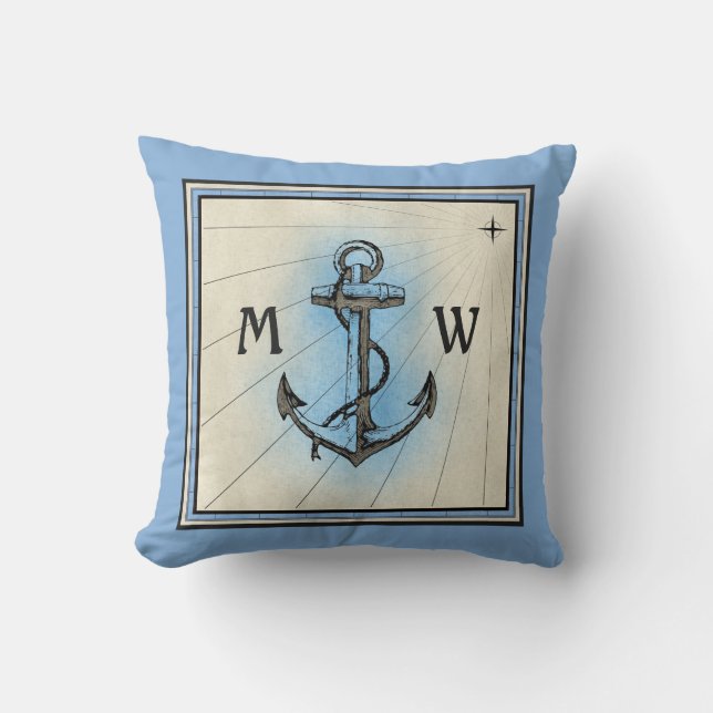 Monogram  blauw Nautisch Compass Kussen (Voorkant)