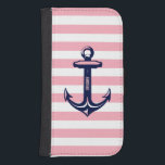 Monogram Blauw Nautisch verankeringspunt Pastel Ro Galaxy S4 Portefeuille Hoesje<br><div class="desc">Elegant ontwerp met blauw en wit nautisch bootanker met pastelroze en witte strepen achtergrond. Facultatief monogram.</div>