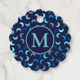 Monogram Blauw Nieuwe Maan Patroon Bedankjes Labels
