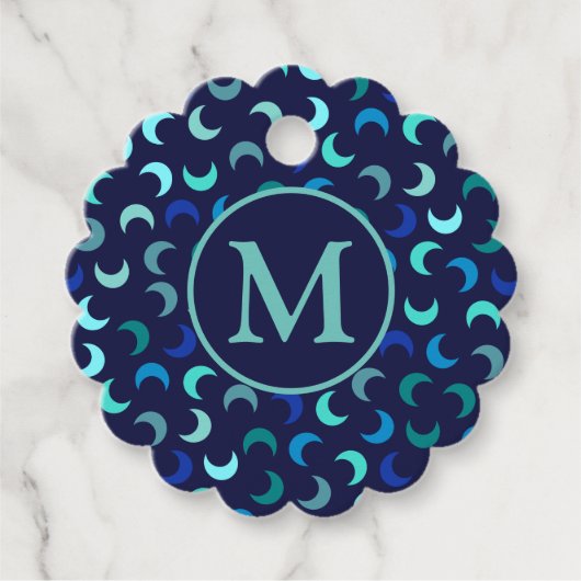 Monogram Blauw Nieuwe Maan Patroon Bedankjes Labels (Voorkant)