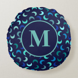 Monogram Blauw Nieuwe Maan Patroon Rond Kussen