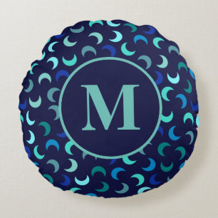 Monogram Blauw Nieuwe Maan Patroon Rond Kussen