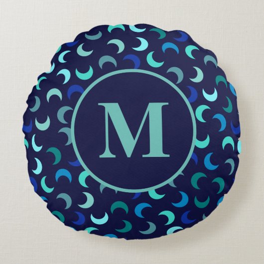 Monogram Blauw Nieuwe Maan Patroon Rond Kussen (Voorkant)