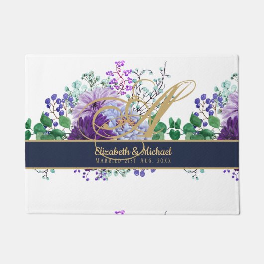 Monogram Blauw Paars Bloemig Goud Nieuwgetrouwden Deurmat (Voorkant)
