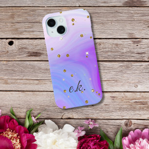 Monogram Blauw Paars Roze Draaikolk Gouden Glitter iPhone 15 Case