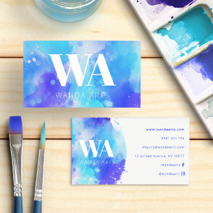 Monogram Blauw Paars Waterverf Kunstenaar Visitekaartje