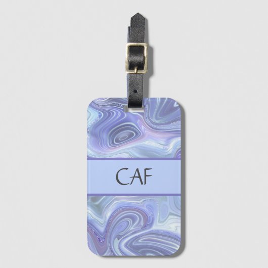 Monogram Blauw Paars Zilver Agaten Marmer Wervelin Bagagelabel (Voorkant (verticaal))