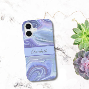 Monogram Blauw Paars Zilver Glitter Agate Marmer iPhone 16 Hoesje