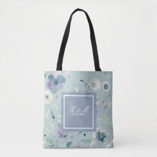 Monogram Blauw Paarse Aquarel Bloemenpatroon Tote Bag