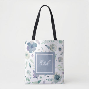 Monogram Blauw Paarse Aquarel Bloemmotief Tote Bag