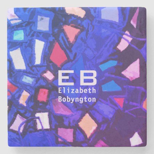 Monogram blauw paarse roze abstract patroon stenen onderzetter (Voorkant)