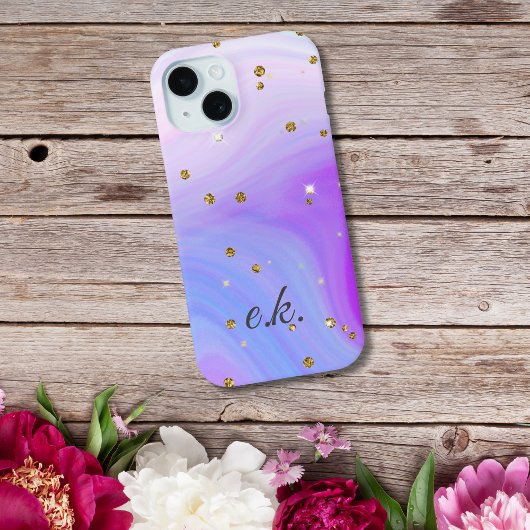 Monogram Blauw Paarse Roze Swirl Gouden Glitter Case-Mate iPhone Case