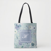 Monogram Blauw Paarse Waterverf Bloemenpatroon