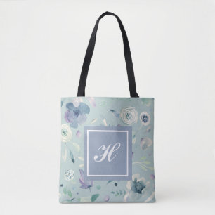Monogram Blauw Paarse Waterverf Bloemenpatroon Tote Bag