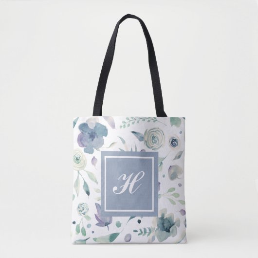 Monogram Blauw Paarse Waterverf Bloemenpatroon Tote Bag (Voorkant)