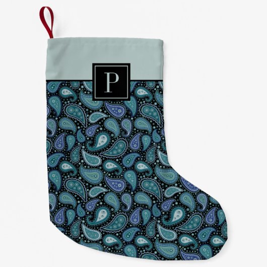 Monogram blauw Paisley retro patroon Kleine Kerstsok (Voorkant)
