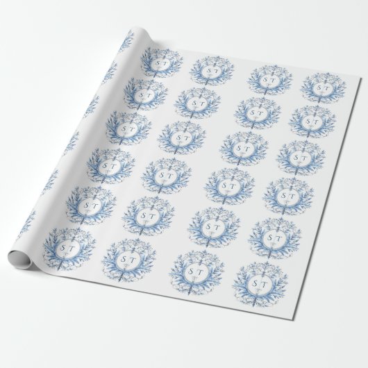 Monogram blauw Patroon Cadeaupapier (Uitgerold)