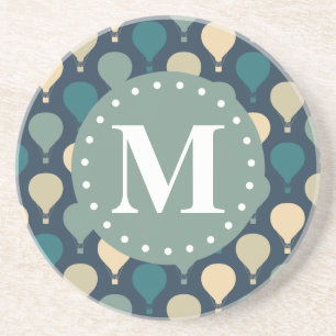 Monogram blauw retro Hot Air-ballonpatroonpatroon Zandsteen Onderzetter