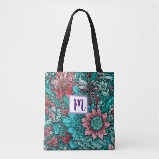 Monogram Blauw Rood Bloemen Tote Bag (Voorkant)