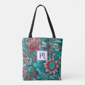 Monogram Blauw Rood Bloemen Tote Bag (Achterkant)