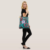 Monogram Blauw Rood Bloemen Tote Bag (Op model)