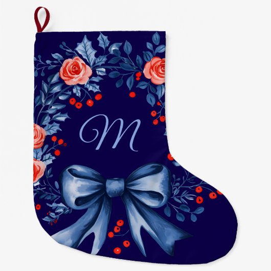 Monogram Blauw Rood Roos Kerstmis Grote Kerstsok (Voorkant)
