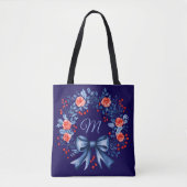 Monogram Blauw Rood Roos Kerstmis Tote Bag (Voorkant)