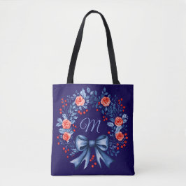 Monogram Blauw Rood Roos Kerstmis Tote Bag