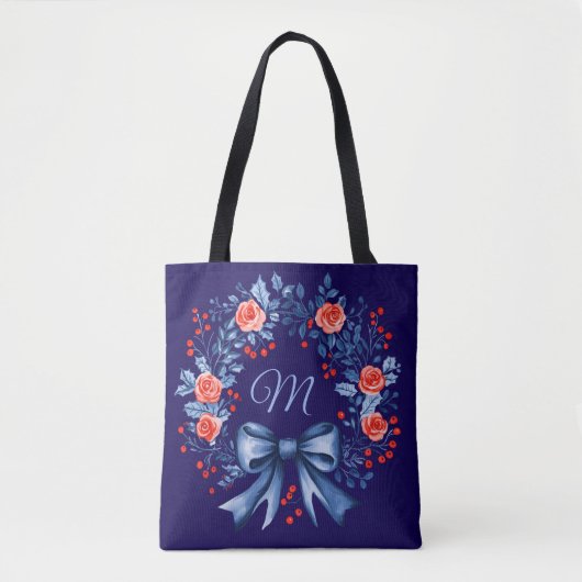 Monogram Blauw Rood Roos Kerstmis Tote Bag (Voorkant)