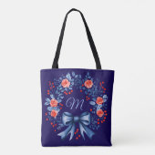 Monogram Blauw Rood Roos Kerstmis Tote Bag (Achterkant)