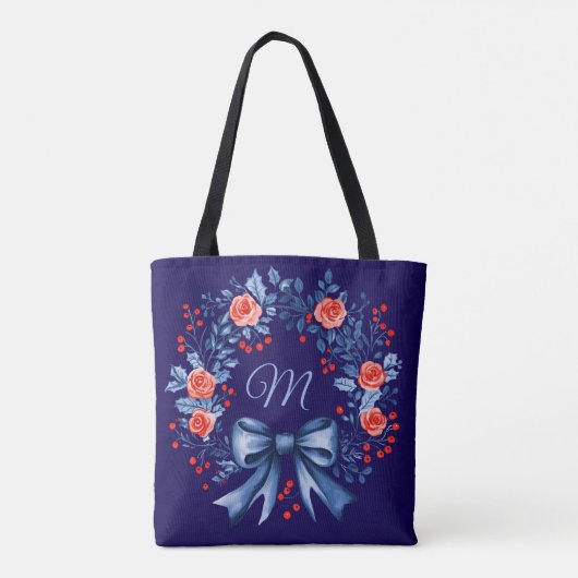 Monogram Blauw Rood Roos Kerstmis Tote Bag (Achterkant)