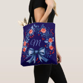 Monogram Blauw Rood Roos Kerstmis Tote Bag (Dichtbij)