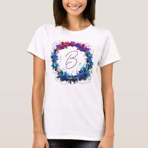 Monogram Blauw Rood Roze Bloemenkrans T-shirt