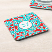 Monogram Blauw, Rood, White Damask Onderzetter Set (Linkerzijde)