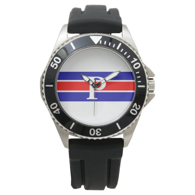 Monogram blauw & rood-wit gestreept horloge (Voorkant)