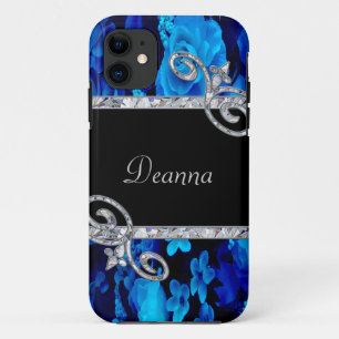 Monogram blauw Roos en diamanten zwemmen iPhone 11 Hoesje