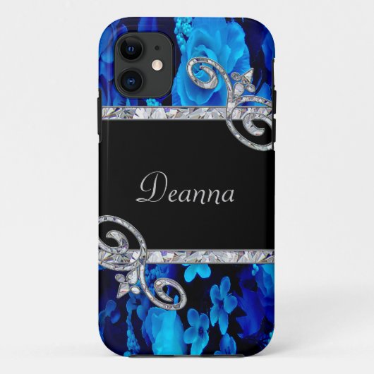 Monogram blauw Roos en diamanten zwemmen Case-Mate iPhone Case (Achterkant)