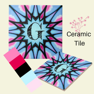 monogram blauw, roze en zwart abstract tegeltje