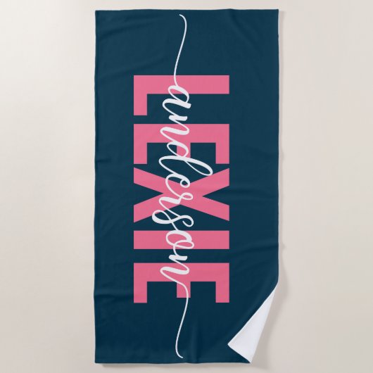 Monogram Blauw Roze Gepersonaliseerd Strandlaken (Voorkant)