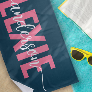 Monogram Blauw Roze Gepersonaliseerd Strandlaken