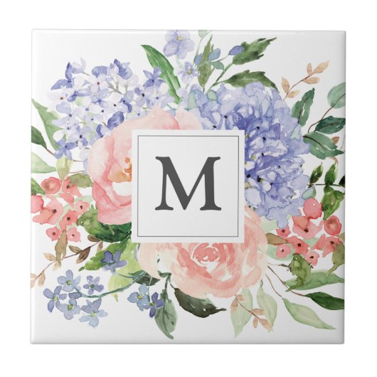 Monogram Blauw Roze Hydrangea Pioen Lente Bloemen Tegeltje (Voorkant)