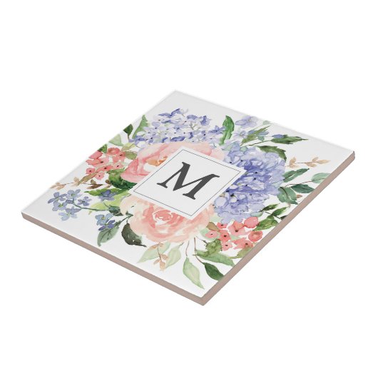 Monogram Blauw Roze Hydrangea Pioen Lente Bloemen Tegeltje (Zijkant)