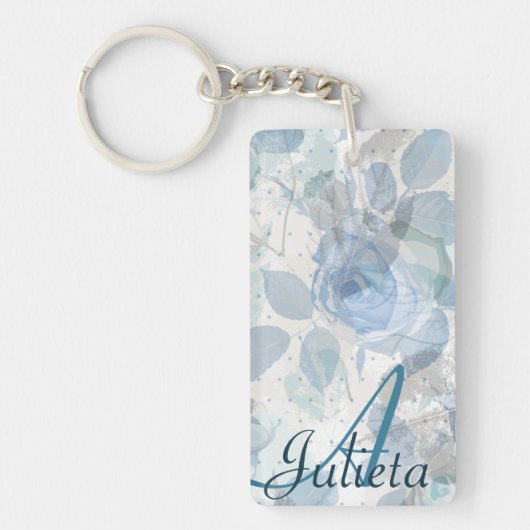 Monogram blauw Rozen grunge Sleutelhanger (Voorkant)