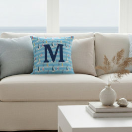 Monogram Blauw Scheepsanker en Zeilboot Kussen