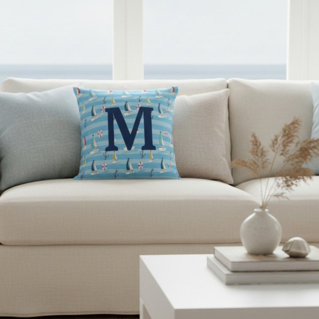 Monogram Blauw Scheepsanker en Zeilboot Kussen (Creator heeft geüpload)