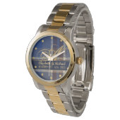 Monogram Blauw Tartan Schotse Huwelijkscadeaus Horloge (Gekanteld)