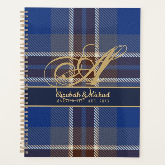Monogram Blauw Tartan Schotse ruit Huwelijksreis B Planner (Voorkant)