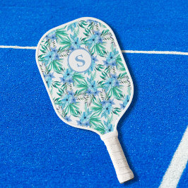 Monogram Blauw Tropisch Bloemmotief Pickleball Paddle